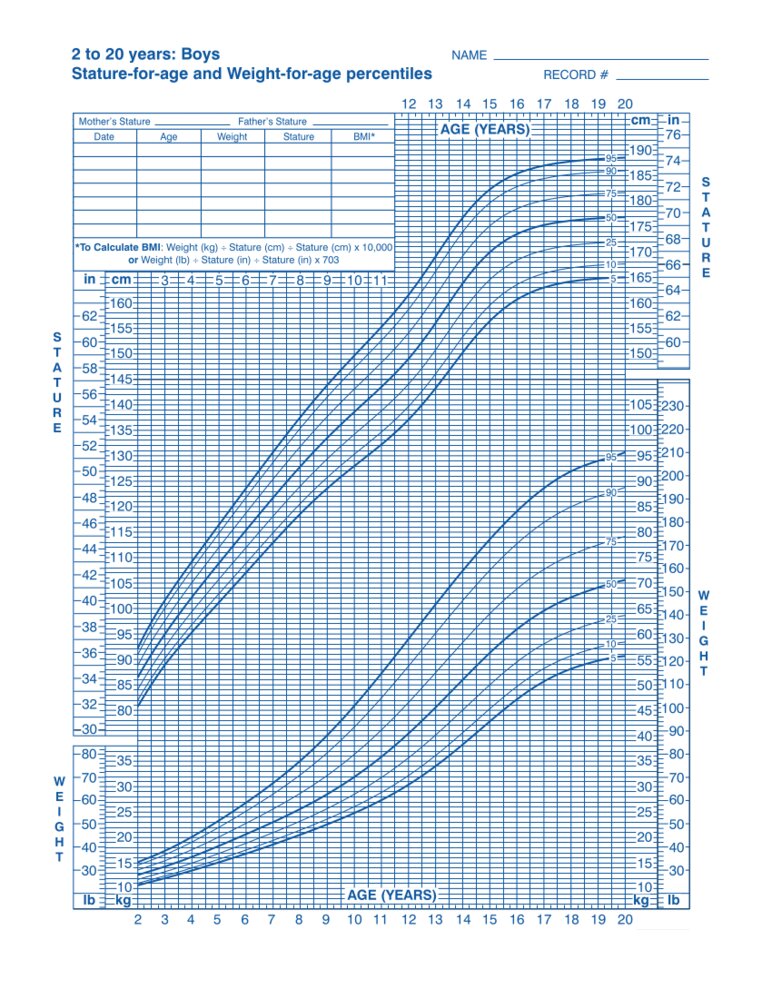 Stature- and weight-for-age percentiles (male individuals 2–20 years; 5ᵗʰ–95ᵗʰ percentiles)