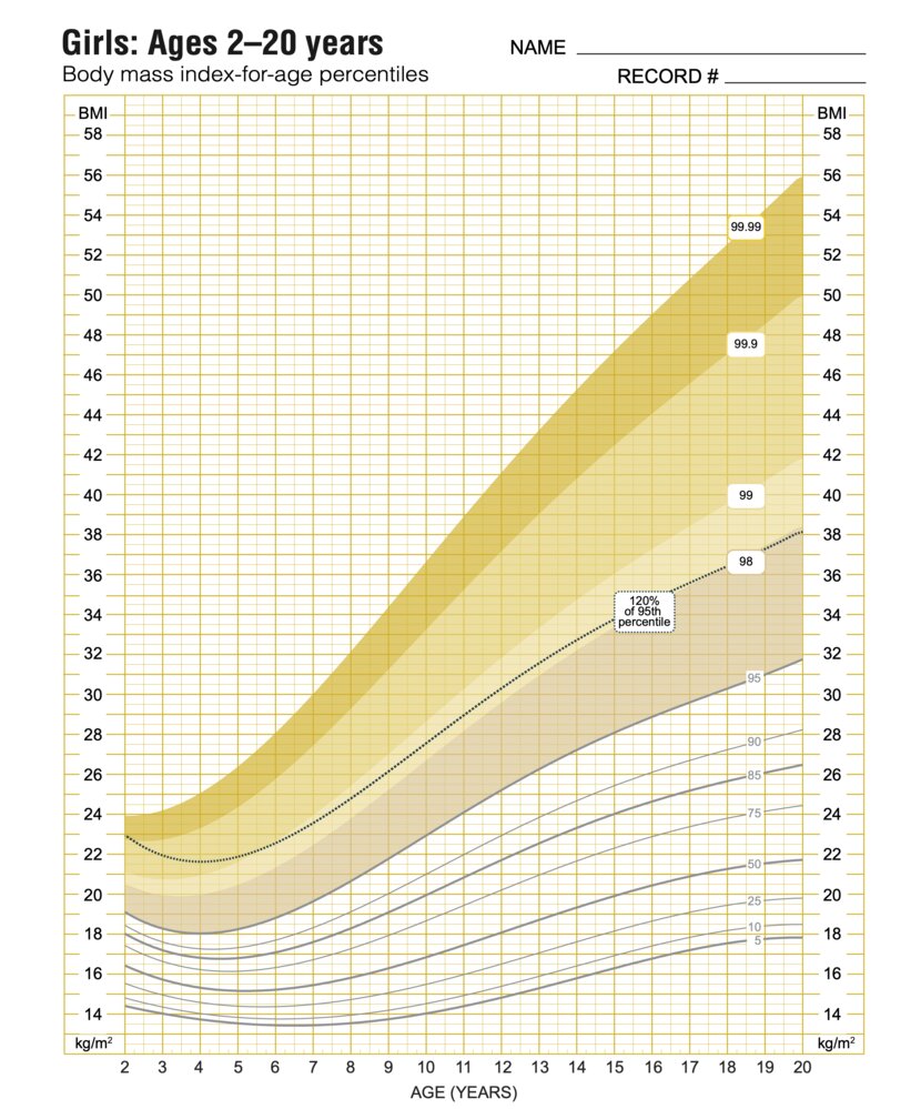 Body mass index-for-age percentiles (female individuals 2-20 years; 5ᵗʰ–99.99ᵗʰ percentiles)